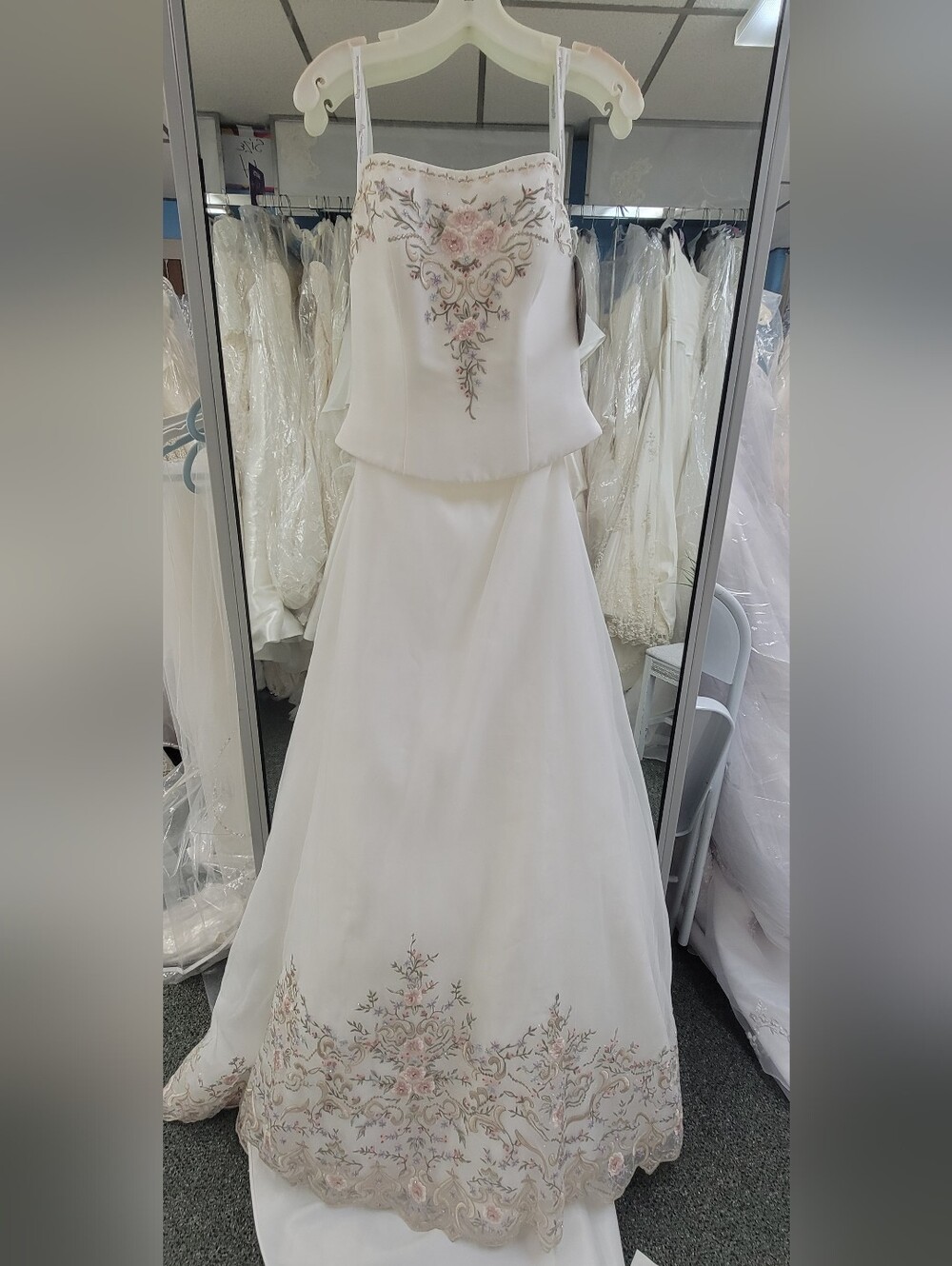 Oleg Cassini White Wedding Dress with Blush & Gold Floral Embroidery